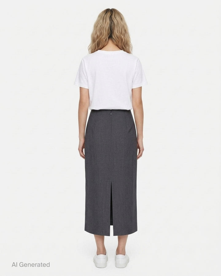 Jil Sander charcoal grey wool mohair pencil skirt with a high waist and side slit, shown front view - back