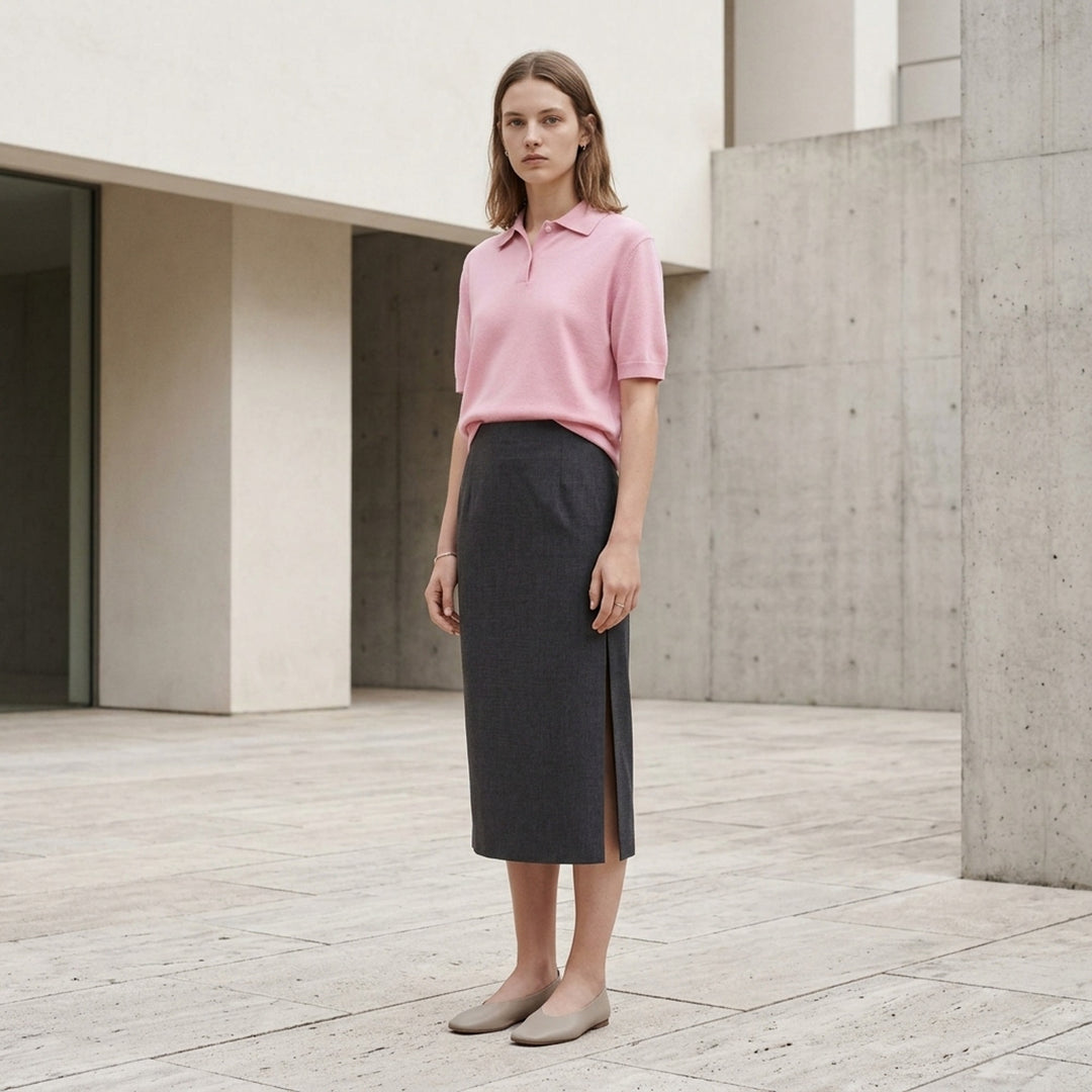 Jil Sander charcoal grey wool mohair pencil skirt with a high waist and side slit, shown front view - lifestyle