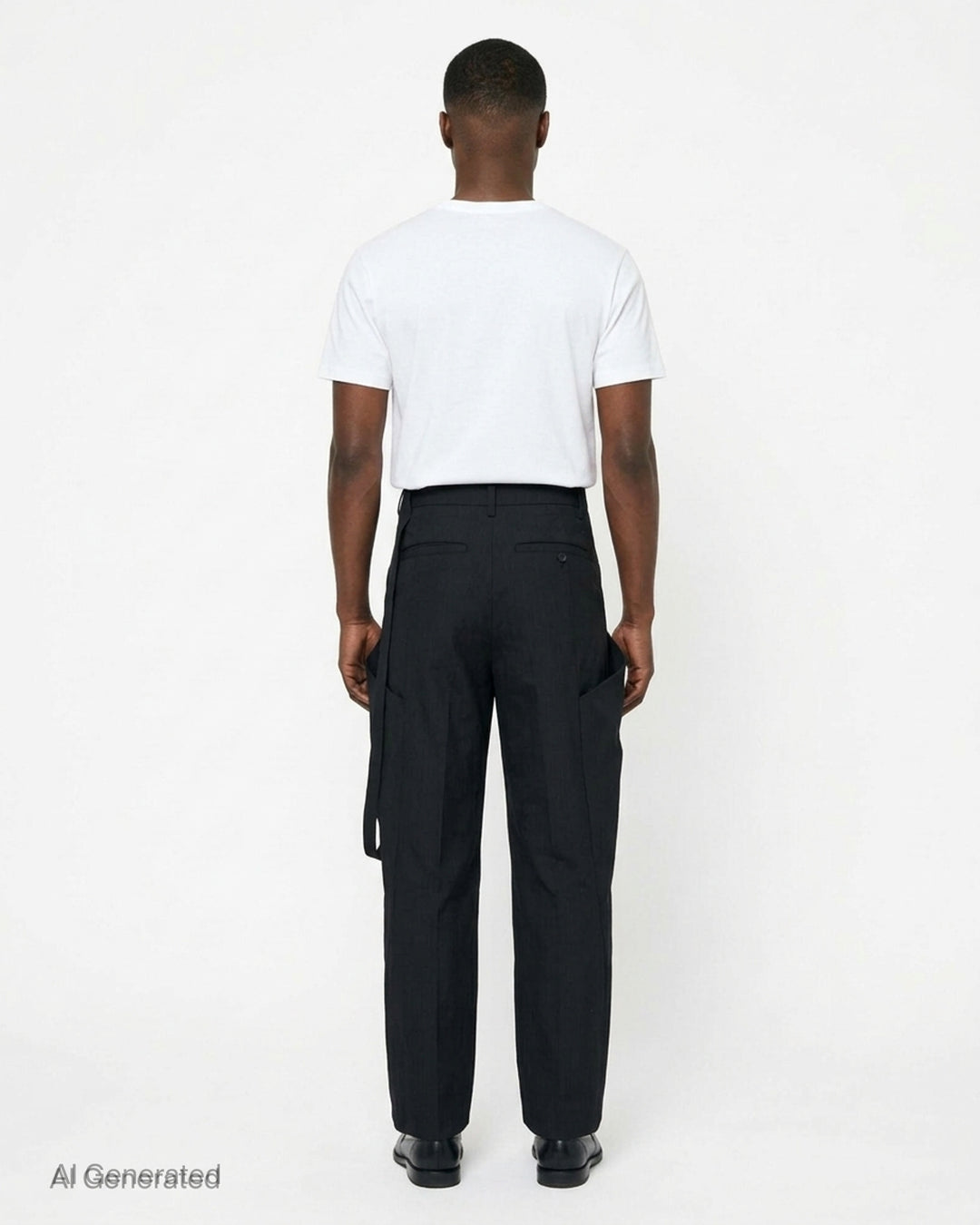 JiyongKim black Layered Panel Trousers with draped buttoned panel and sculpted side volume, shown from the front - back
