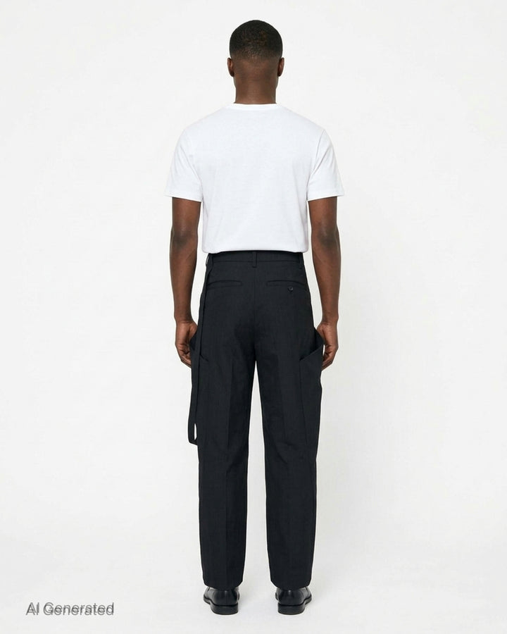 JiyongKim black Layered Panel Trousers with draped buttoned panel and sculpted side volume, shown from the front - back