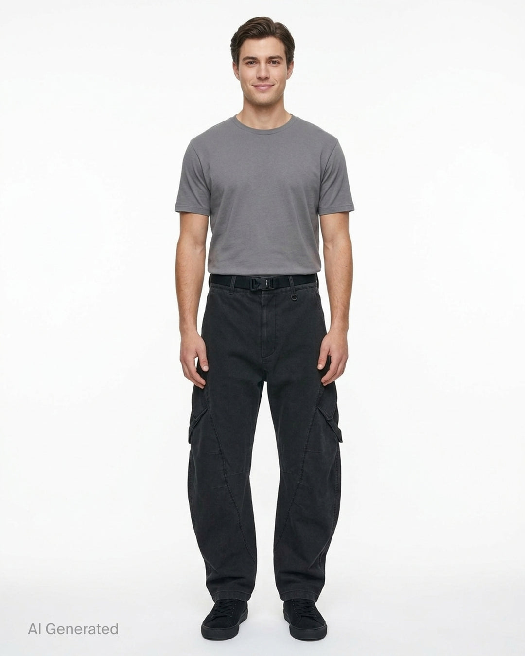 Jiyong Kim washed black multi-pocket cargo trousers with curved wide-leg silhouette, flap pockets and black buckle belt, shown front view - front