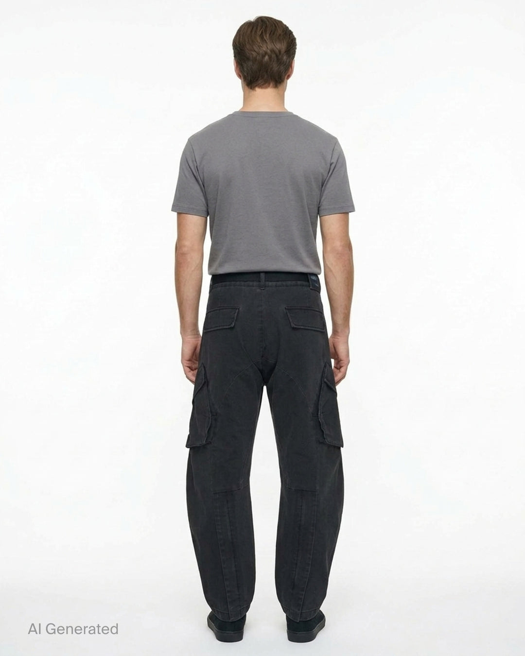 Jiyong Kim washed black multi-pocket cargo trousers with curved wide-leg silhouette, flap pockets and black buckle belt, shown front view - back