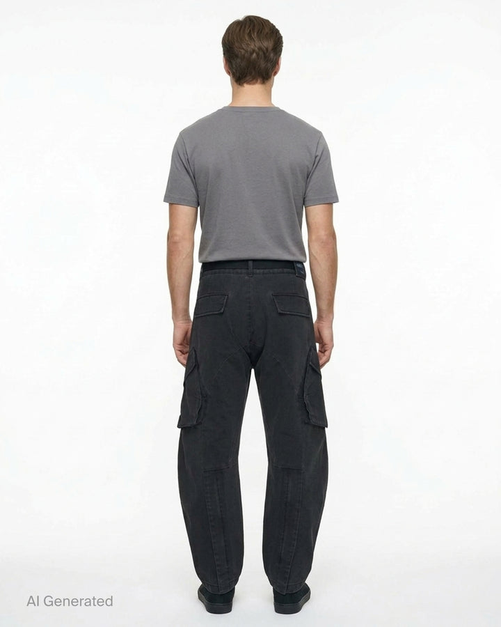 Jiyong Kim washed black multi-pocket cargo trousers with curved wide-leg silhouette, flap pockets and black buckle belt, shown front view - back