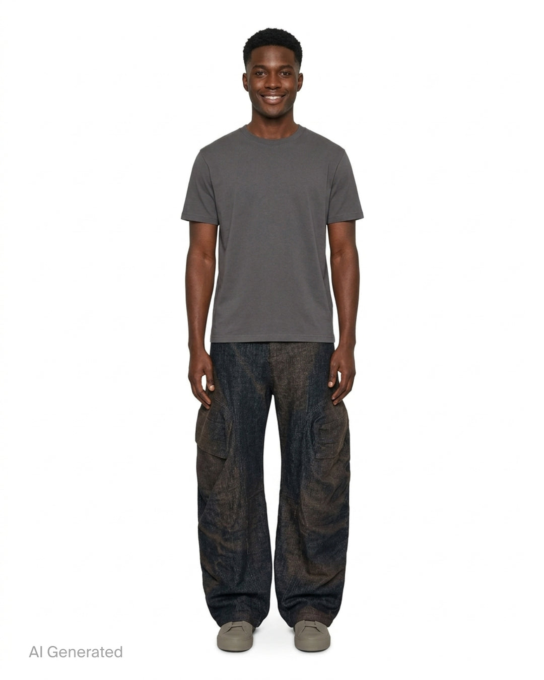 JiyongKim sun-bleached wide-leg trousers in faded charcoal with oversized 3D cargo pockets and a frayed waistband, front view - front