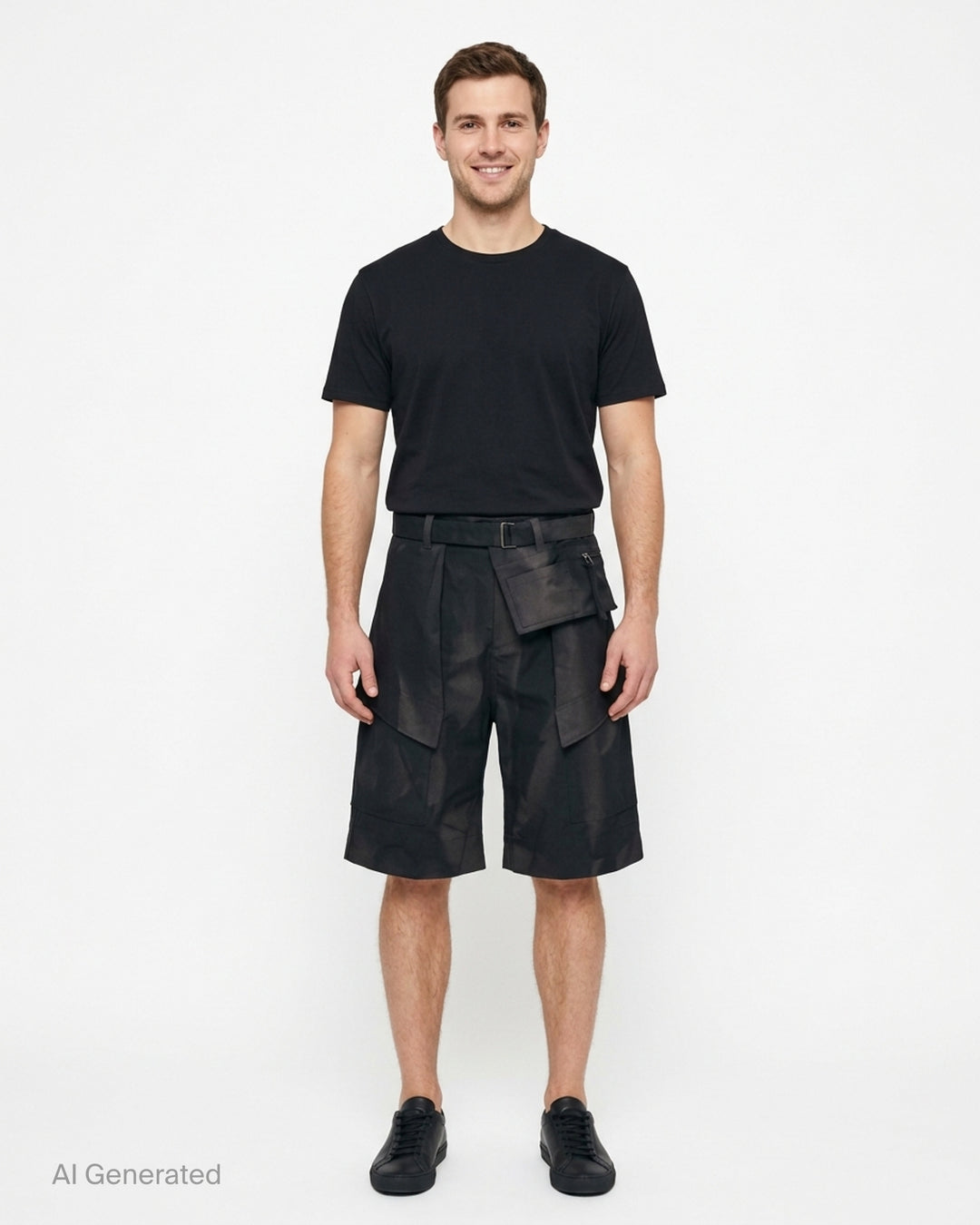 JiyongKim sun-bleached black shorts with belted waist, detachable zip pocket and oversized flap cargo pockets - front