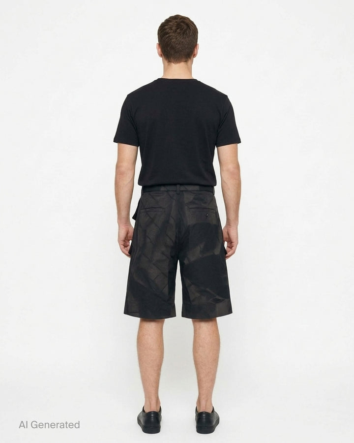 JiyongKim sun-bleached black shorts with belted waist, detachable zip pocket and oversized flap cargo pockets - back