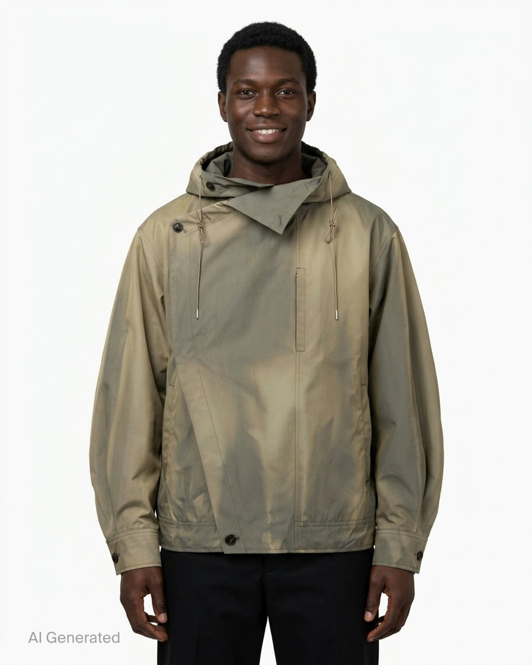 JiyongKim Sun-Bleached Oversized Jacket in faded olive-khaki with asymmetric button closure, drawcord hood and rounded sleeves, shown flat against a white background - front