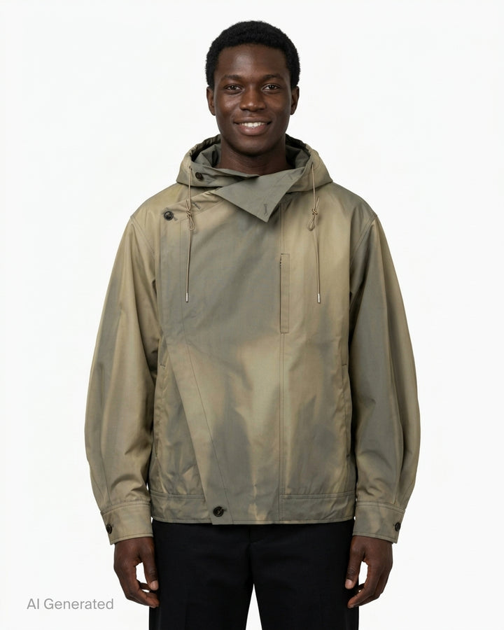 JiyongKim Sun-Bleached Oversized Jacket in faded olive-khaki with asymmetric button closure, drawcord hood and rounded sleeves, shown flat against a white background - front