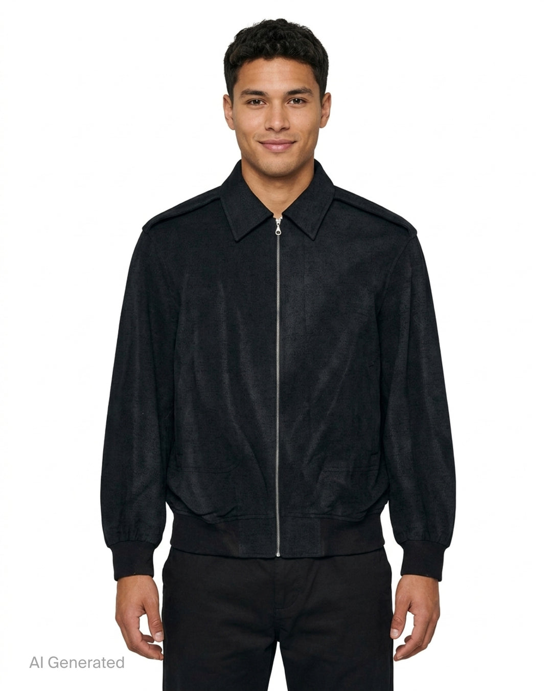Jiyongkim black sun-bleached oversized blouson jacket with zip front, pointed collar, shoulder epaulettes and ribbed hem - front