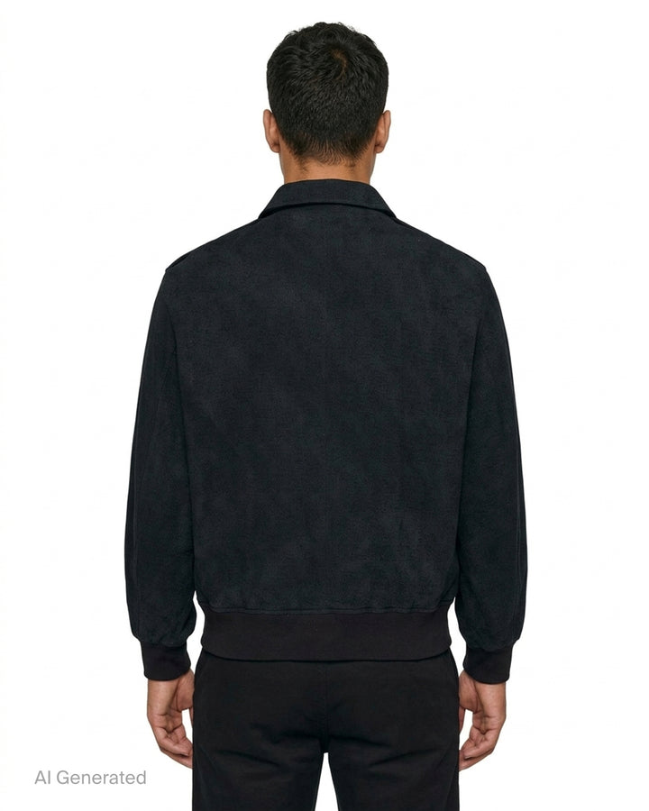 Jiyongkim black sun-bleached oversized blouson jacket with zip front, pointed collar, shoulder epaulettes and ribbed hem - back