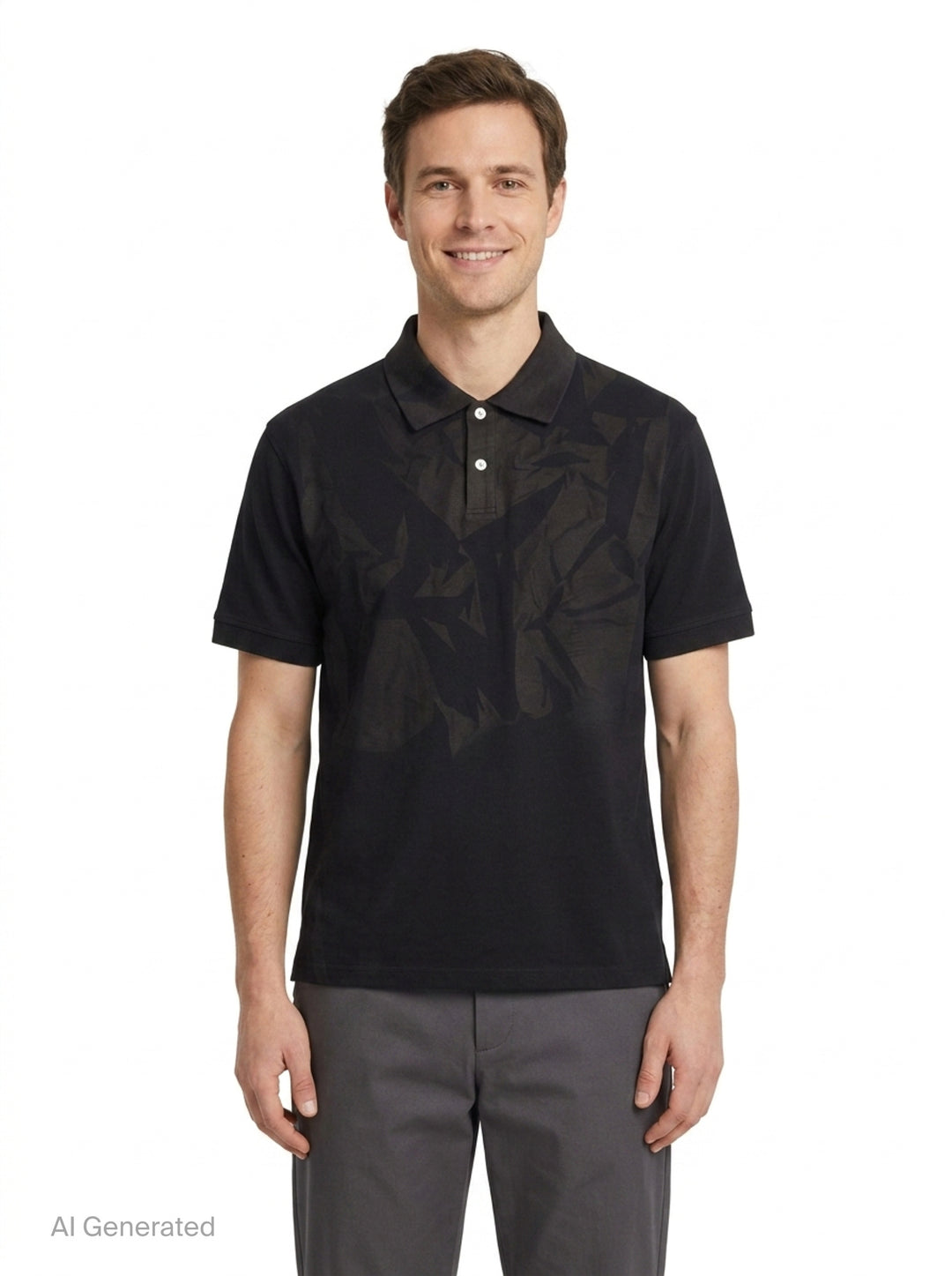JiyongKim Sun-Bleached Pack Polo in black, displayed flat, featuring a tonal crumpled-fabric graphic panel across the front chest and a two-button placket - front