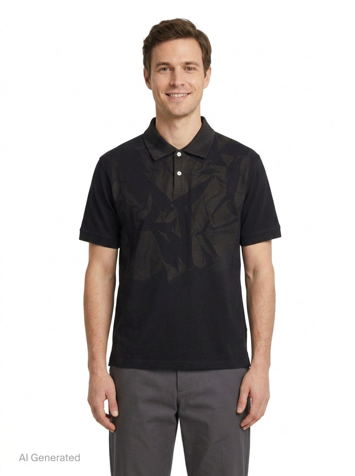 JiyongKim Sun-Bleached Pack Polo in black, displayed flat, featuring a tonal crumpled-fabric graphic panel across the front chest and a two-button placket - front