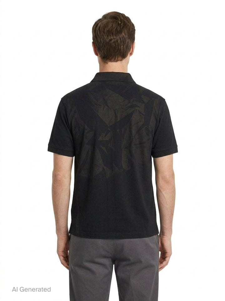 JiyongKim Sun-Bleached Pack Polo in black, displayed flat, featuring a tonal crumpled-fabric graphic panel across the front chest and a two-button placket - back