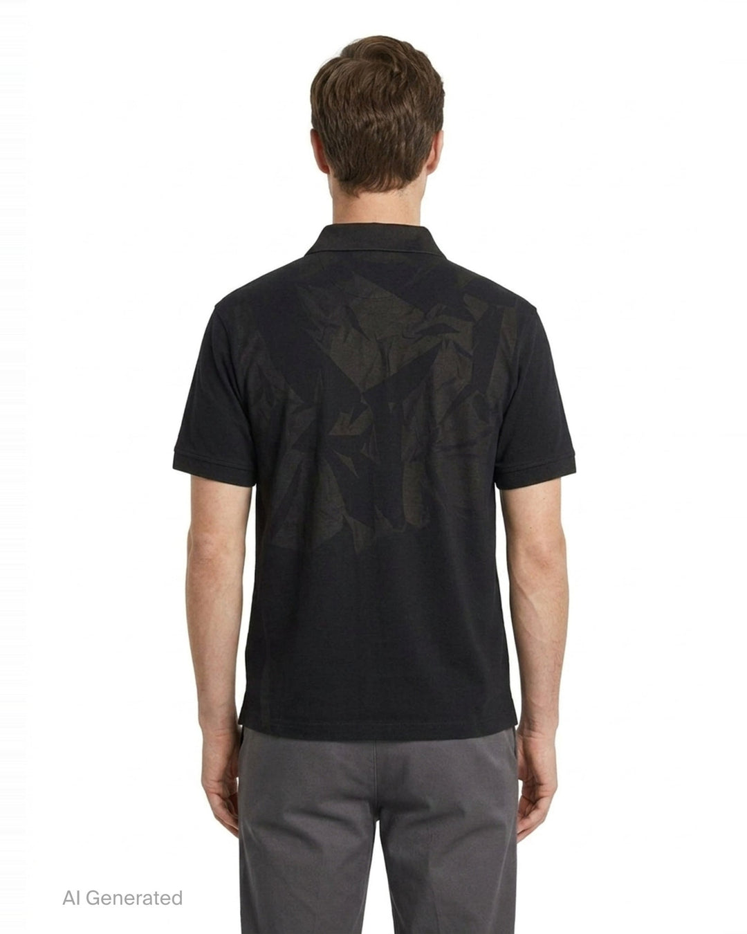 JiyongKim Sun-Bleached Pack Polo in black, displayed flat, featuring a tonal crumpled-fabric graphic panel across the front chest and a two-button placket - back
