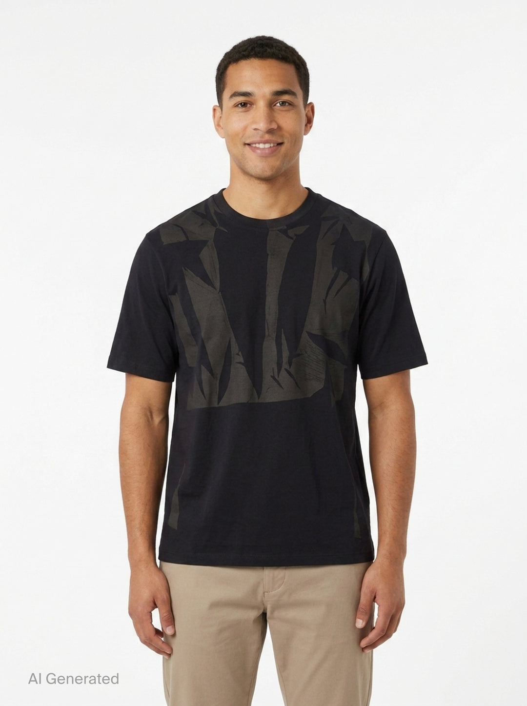 JiyongKim Sun-Bleached Pack Tee in black, flat lay front view showing crinkled nylon tonal appliqué panels across the chest on an oversized short sleeve silhouette - front