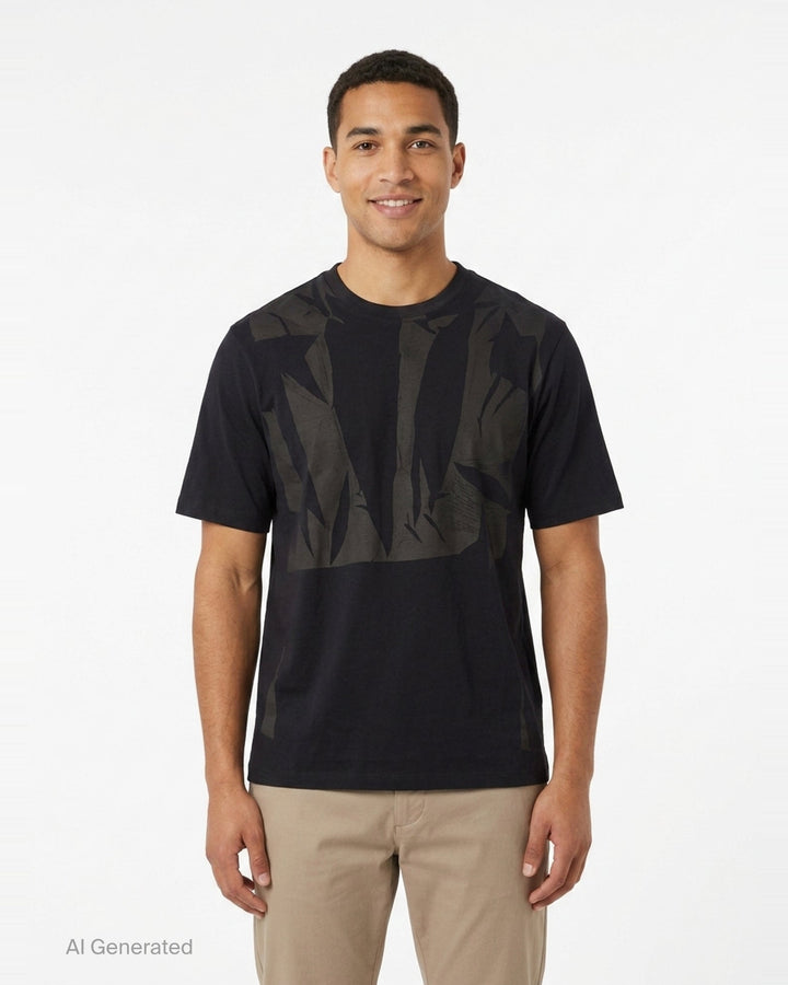 JiyongKim Sun-Bleached Pack Tee in black, flat lay front view showing crinkled nylon tonal appliqué panels across the chest on an oversized short sleeve silhouette - front