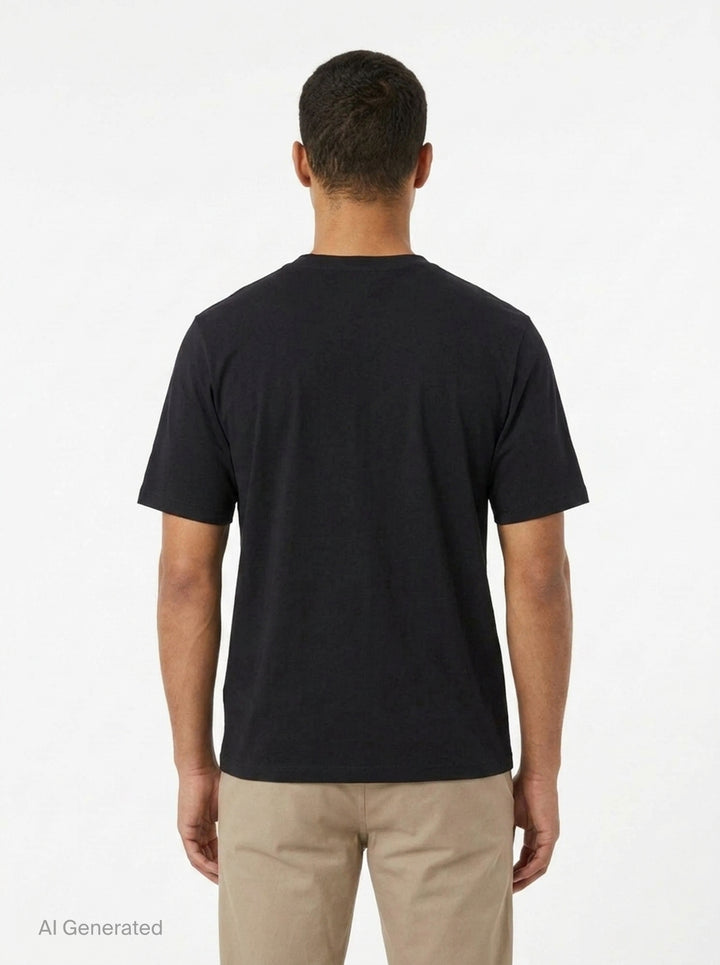 JiyongKim Sun-Bleached Pack Tee in black, flat lay front view showing crinkled nylon tonal appliqué panels across the chest on an oversized short sleeve silhouette - back