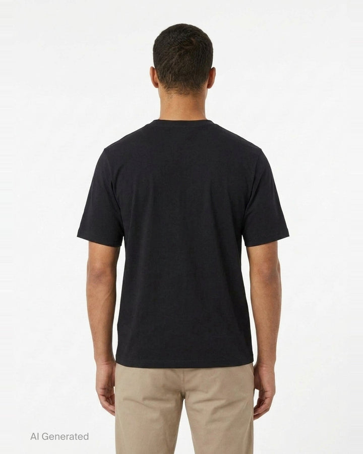 JiyongKim Sun-Bleached Pack Tee in black, flat lay front view showing crinkled nylon tonal appliqué panels across the chest on an oversized short sleeve silhouette - back