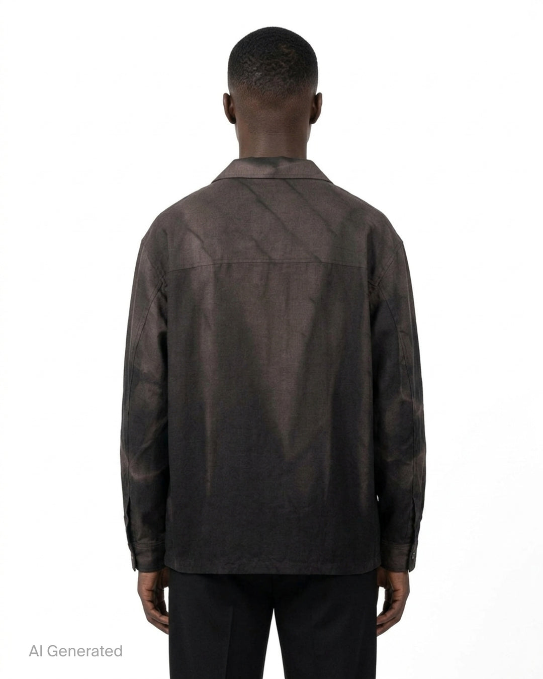 JiyongKim Sun-Bleached Strap Shirt in faded dark brown with open camp collar, chest pocket, button front and adjustable sleeve straps - back