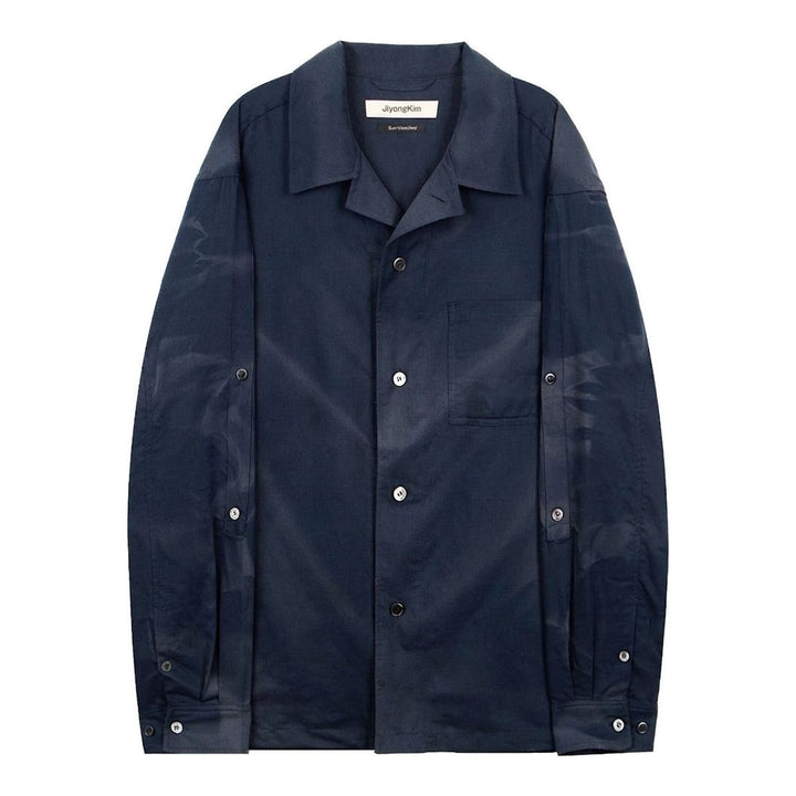 JiyongKim Sun-Bleached Strap Shirt in navy with faded finish, camp collar, chest pocket and button strap sleeves - packshot