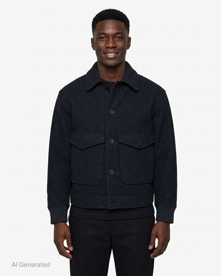 Junya Watanabe MAN charcoal cashmere melton jersey jacket with point collar, four-button front, flap pockets and ribbed cuffs - front