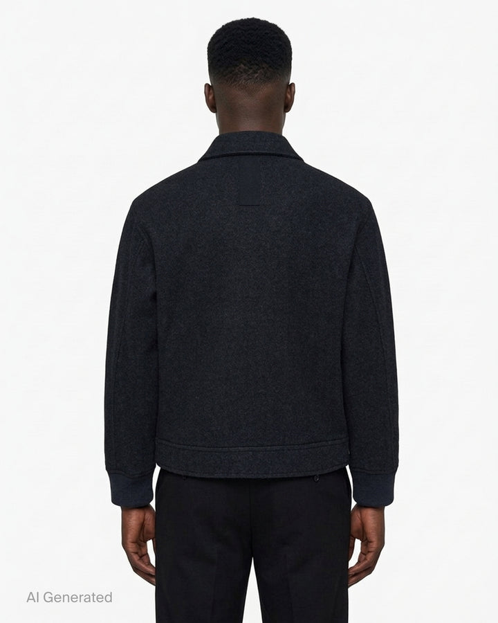 Junya Watanabe MAN charcoal cashmere melton jersey jacket with point collar, four-button front, flap pockets and ribbed cuffs - back
