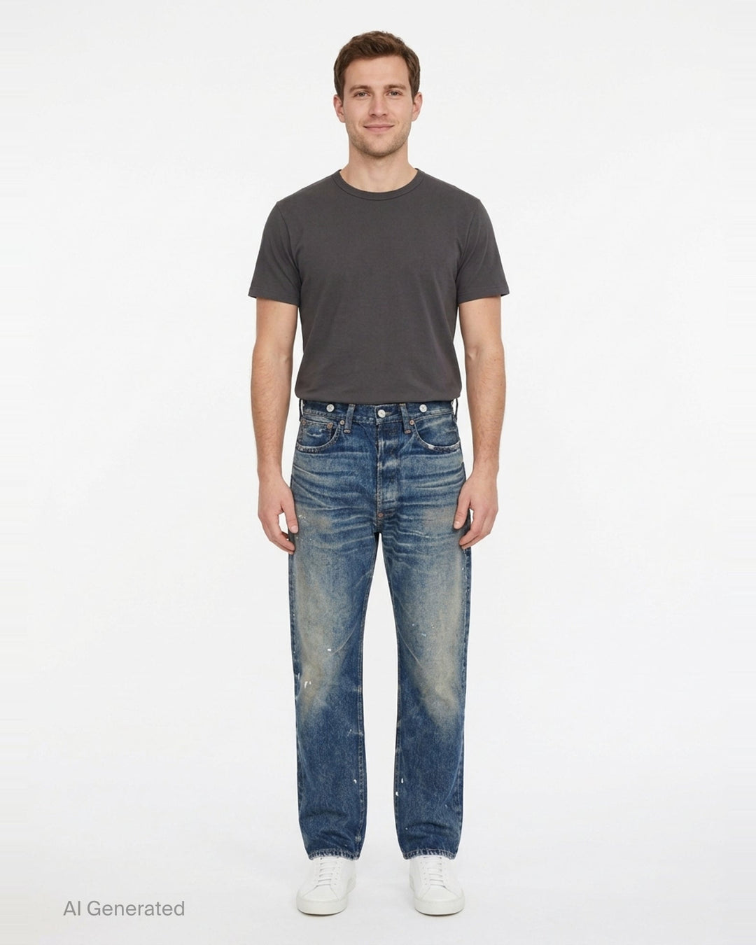 Junya Watanabe distressed cotton denim jeans with heavy vintage wash, paint splatter marks, copper rivets, and engraved silver-tone buttons along the waistband — straight-leg silhouette, front view - front