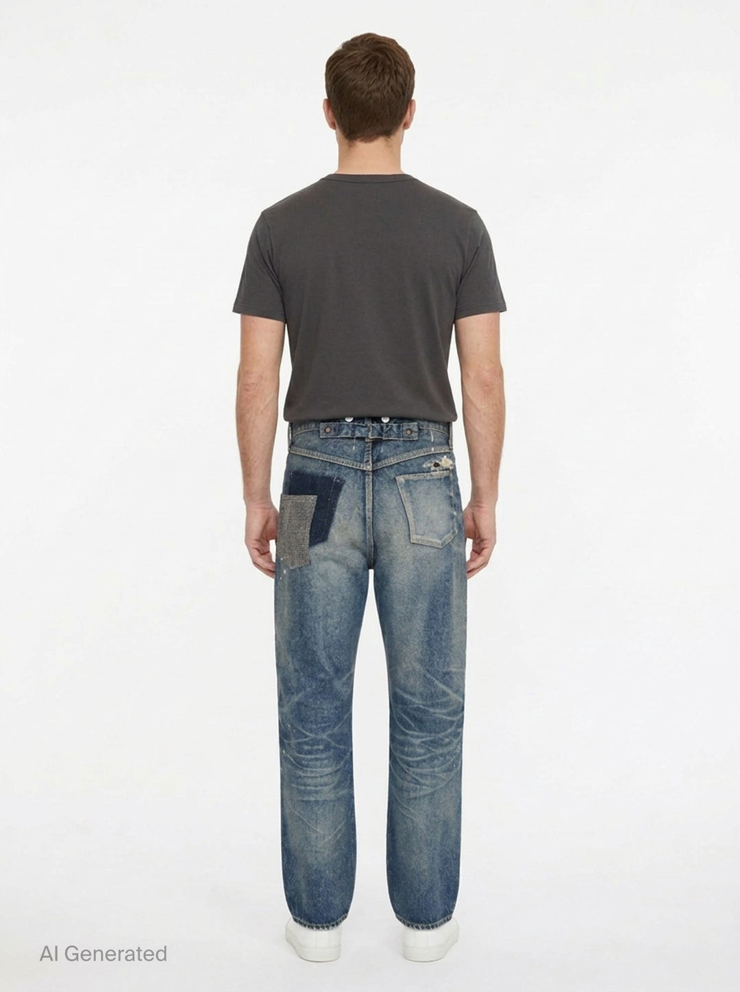 Junya Watanabe distressed cotton denim jeans with heavy vintage wash, paint splatter marks, copper rivets, and engraved silver-tone buttons along the waistband — straight-leg silhouette, front view - back