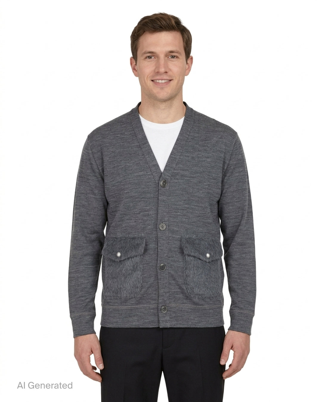 Junya Watanabe MAN grey marl button-up cardigan with V-neck and two textured faux fur flap pockets - front