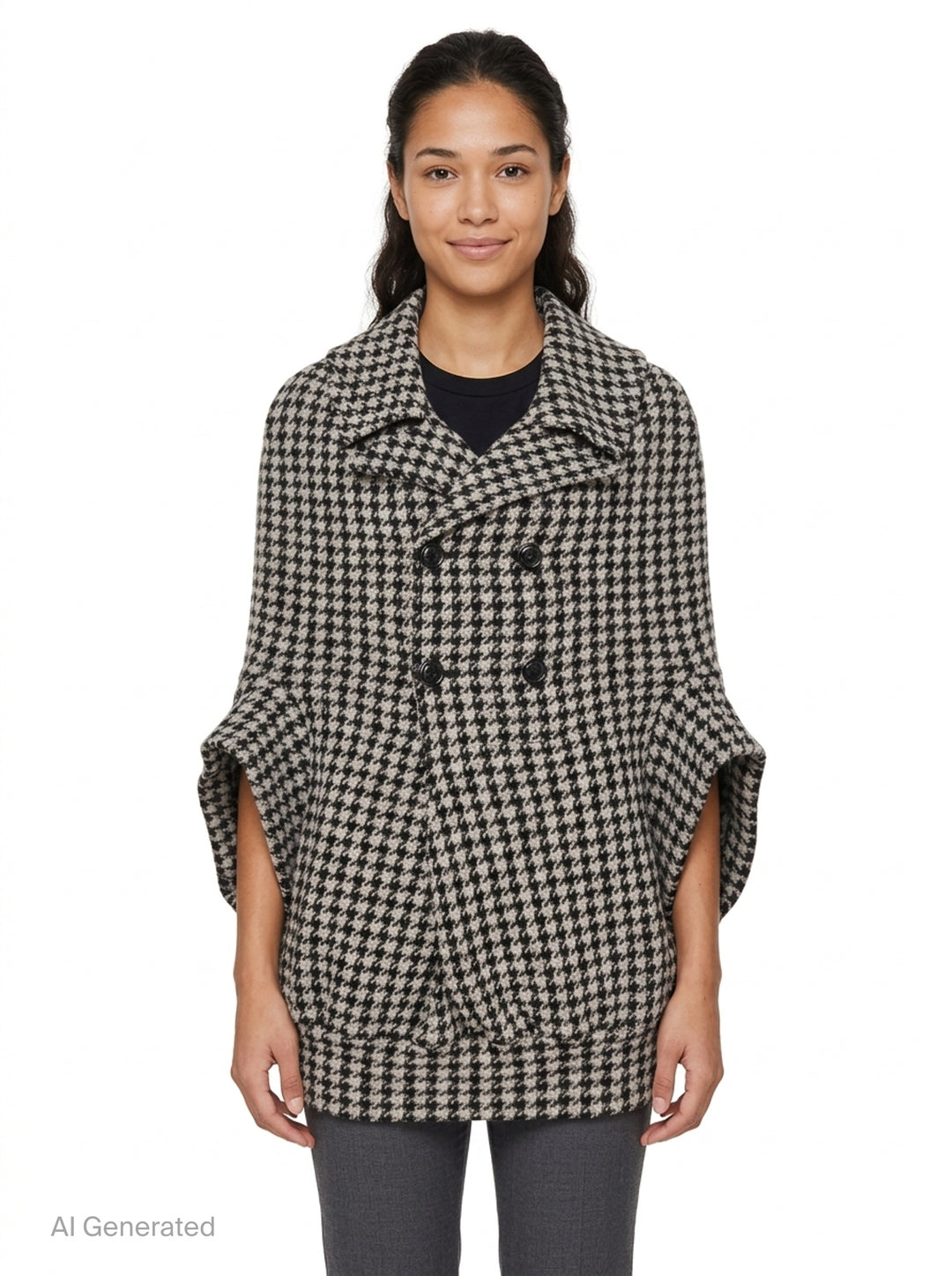 Junya Watanabe black and white houndstooth double-breasted structured coat with oversized silhouette, four black buttons, and large hip pockets, flat lay on white background - front