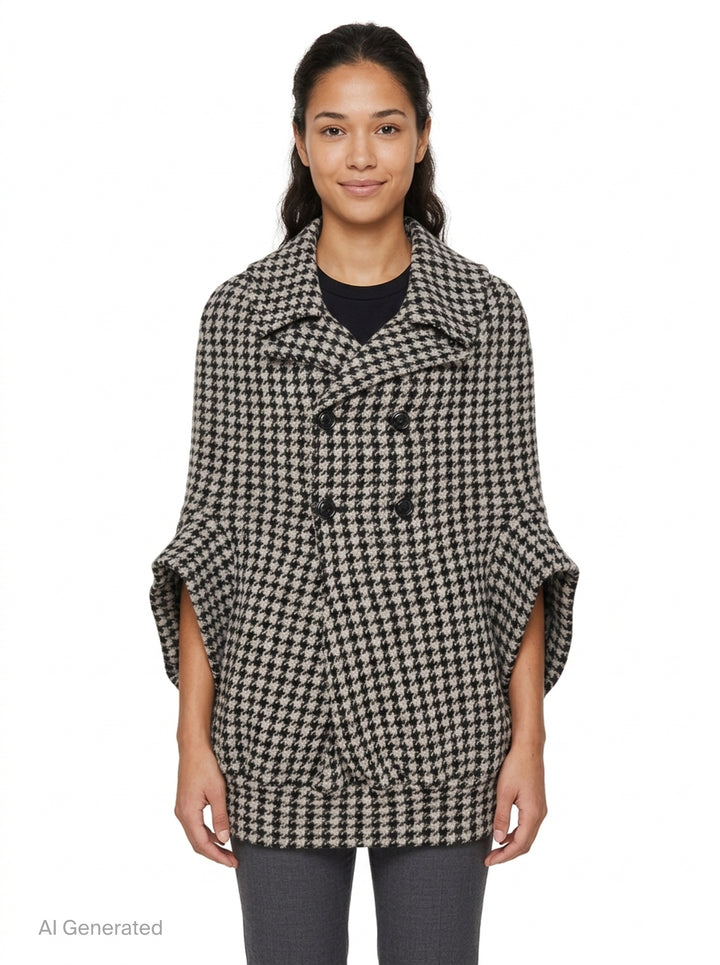 Junya Watanabe black and white houndstooth double-breasted structured coat with oversized silhouette, four black buttons, and large hip pockets, flat lay on white background - front