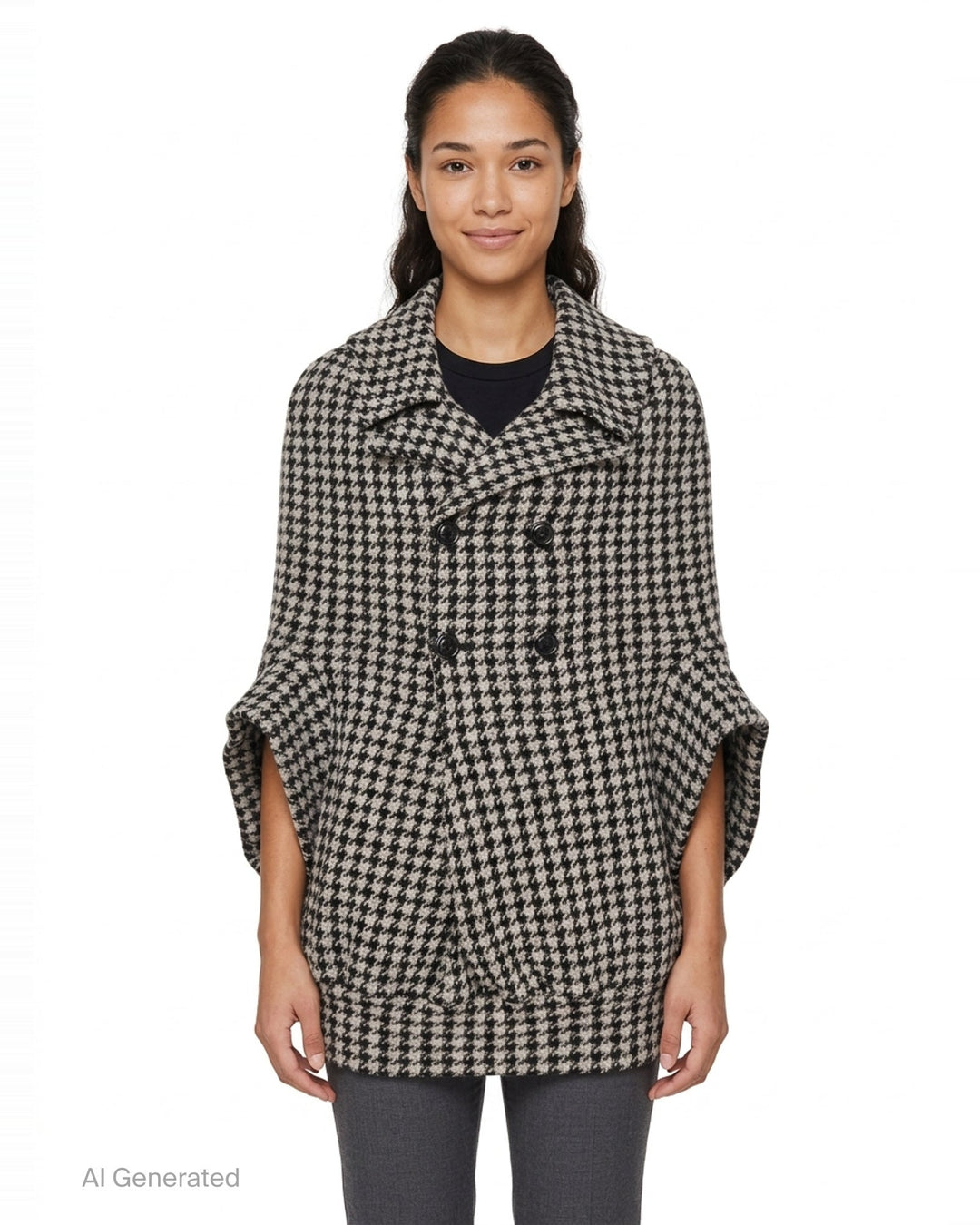 Junya Watanabe black and white houndstooth double-breasted structured coat with oversized silhouette, four black buttons, and large hip pockets, flat lay on white background - front