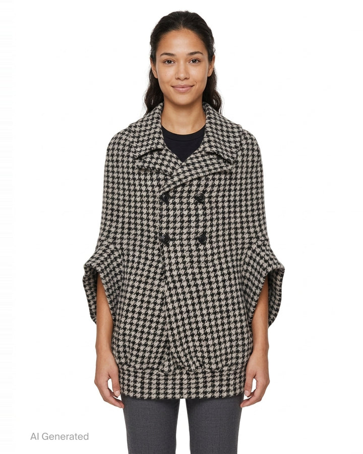 Junya Watanabe black and white houndstooth double-breasted structured coat with oversized silhouette, four black buttons, and large hip pockets, flat lay on white background - front