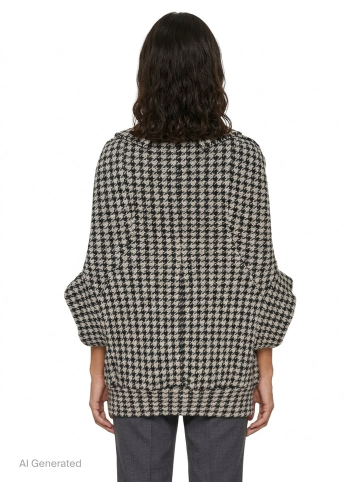 Junya Watanabe black and white houndstooth double-breasted structured coat with oversized silhouette, four black buttons, and large hip pockets, flat lay on white background - back