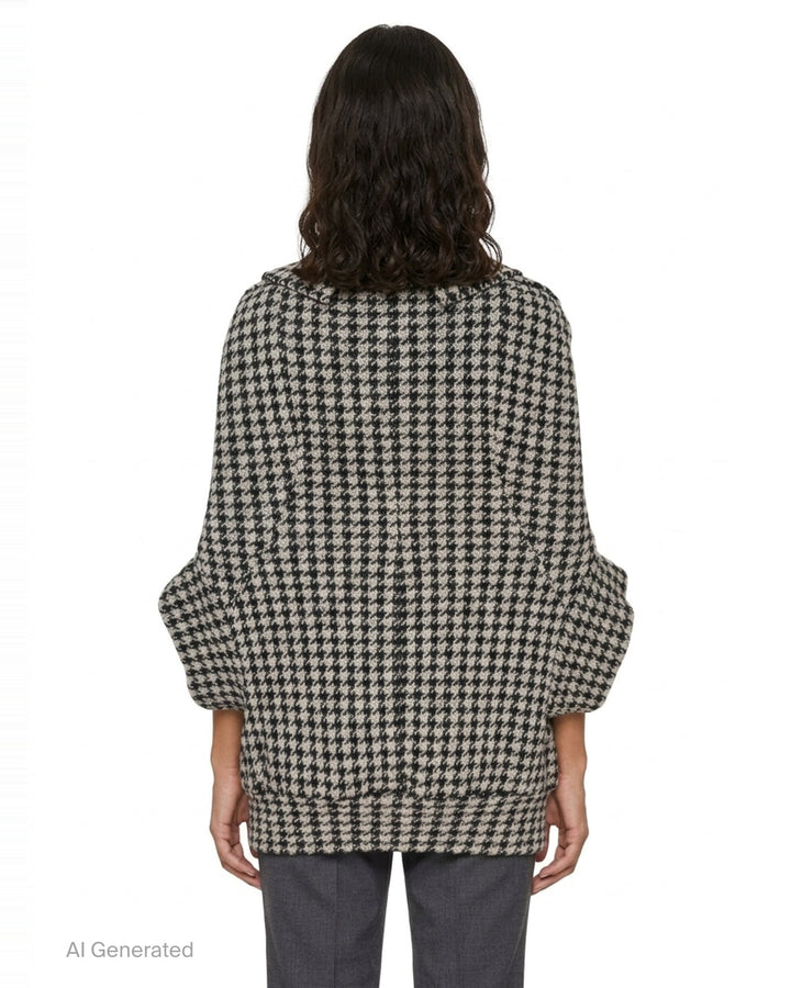 Junya Watanabe black and white houndstooth double-breasted structured coat with oversized silhouette, four black buttons, and large hip pockets, flat lay on white background - back