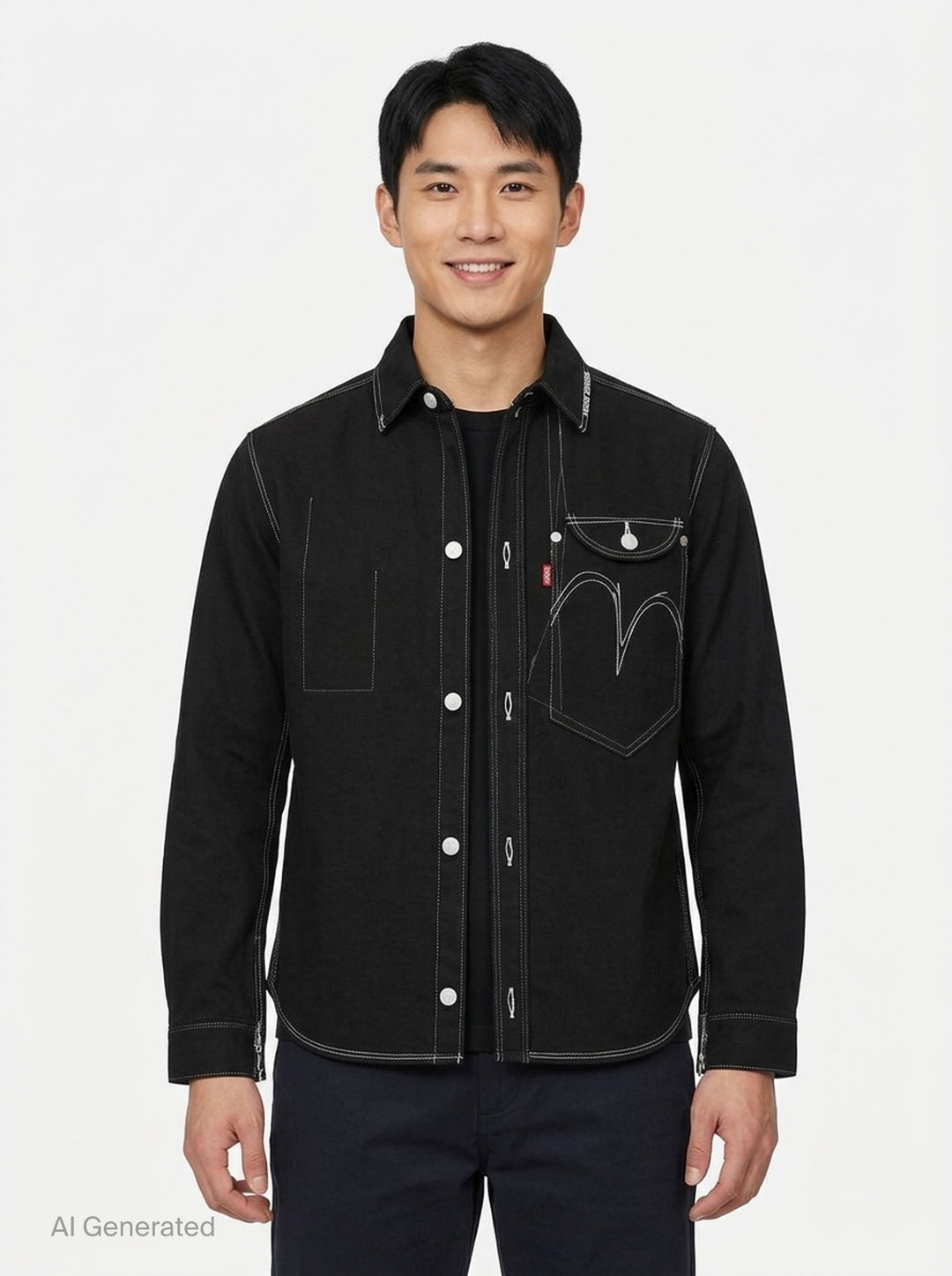 Junya Watanabe x Levi's black long-sleeve shirt with white contrast stitching, embroidered seagull motif across the chest, asymmetric chest pocket with red Levi's tab, and zip-detailed cuffs - front