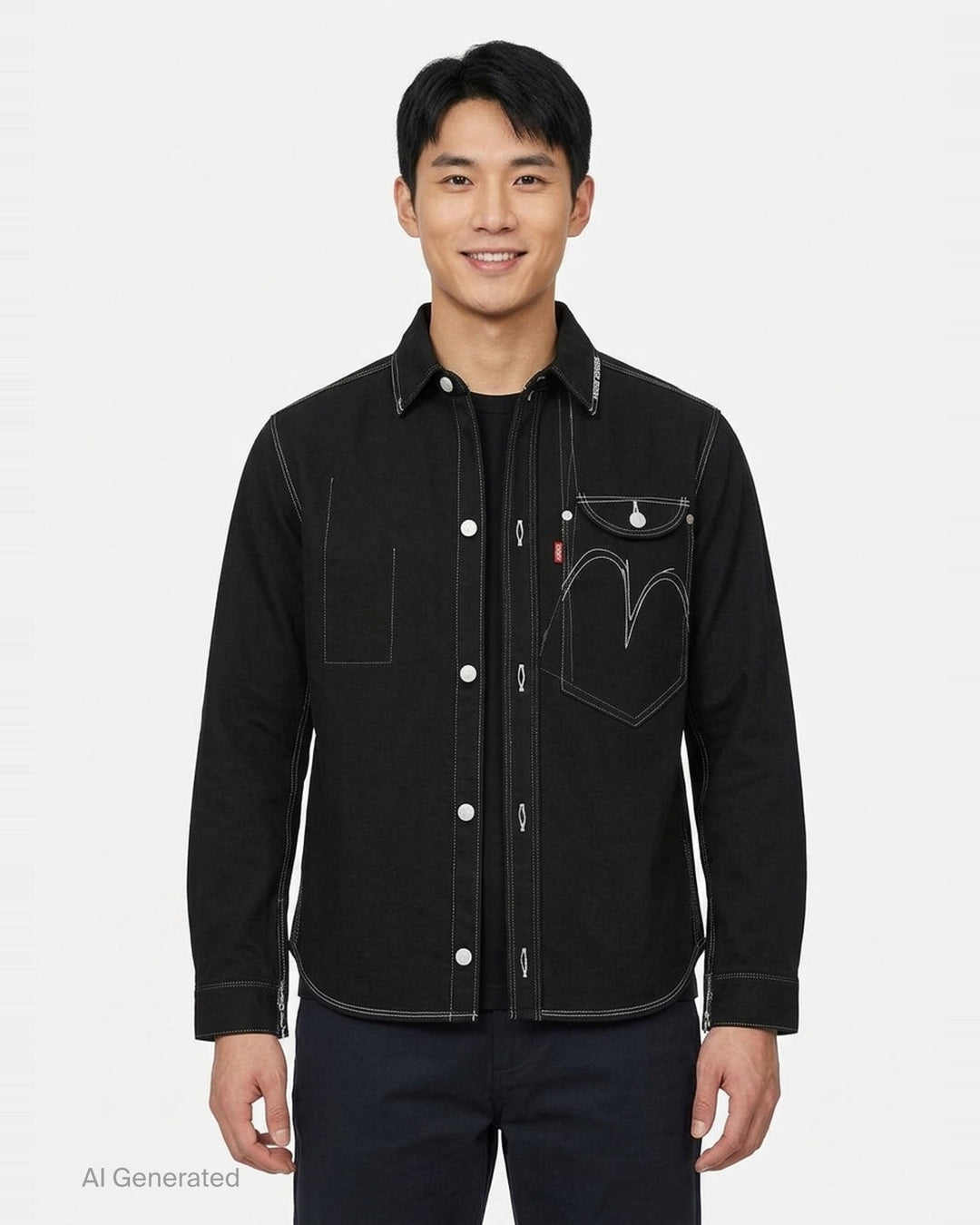 Junya Watanabe x Levi's black long-sleeve shirt with white contrast stitching, embroidered seagull motif across the chest, asymmetric chest pocket with red Levi's tab, and zip-detailed cuffs - front