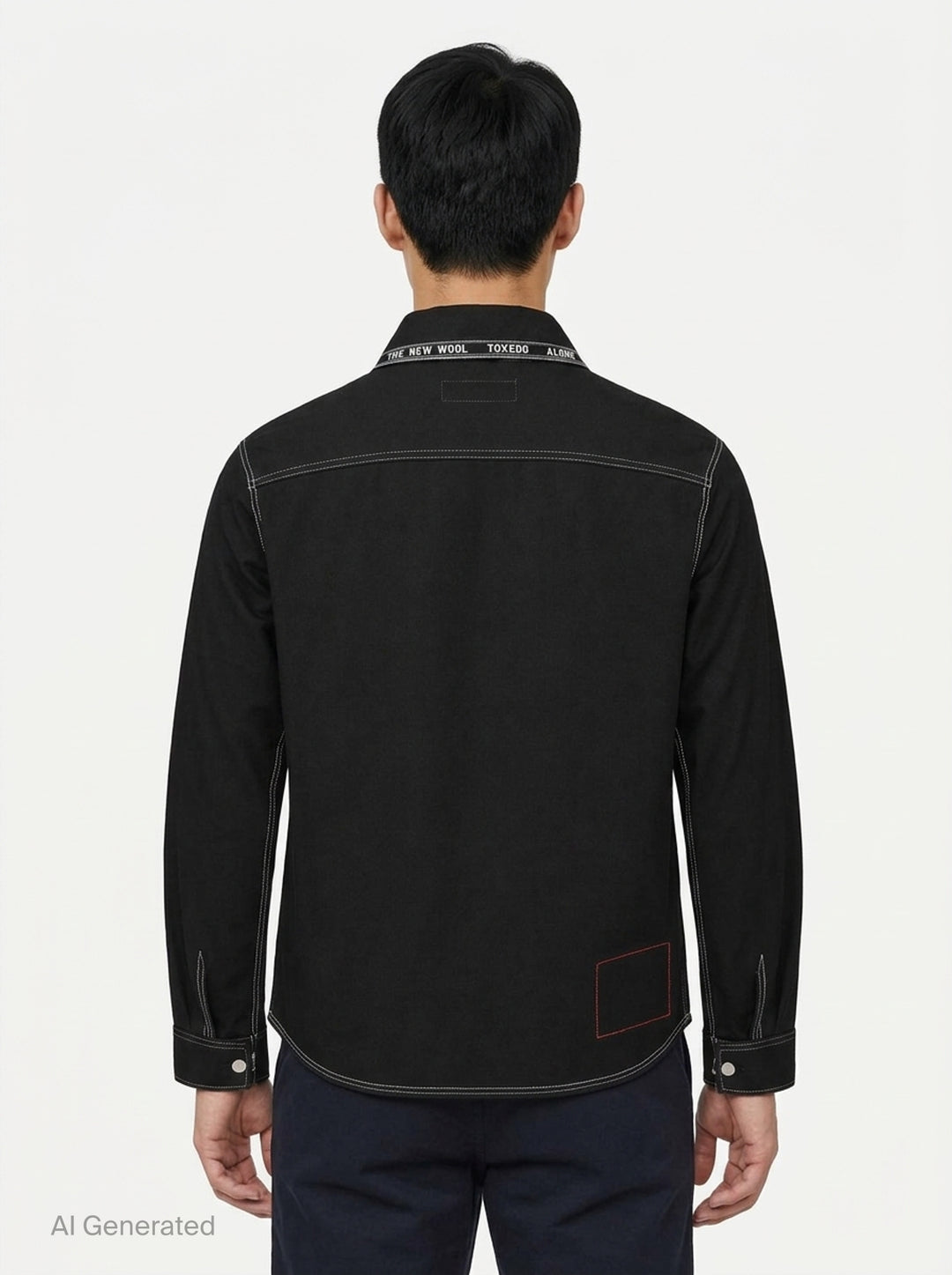 Junya Watanabe x Levi's black long-sleeve shirt with white contrast stitching, embroidered seagull motif across the chest, asymmetric chest pocket with red Levi's tab, and zip-detailed cuffs - back