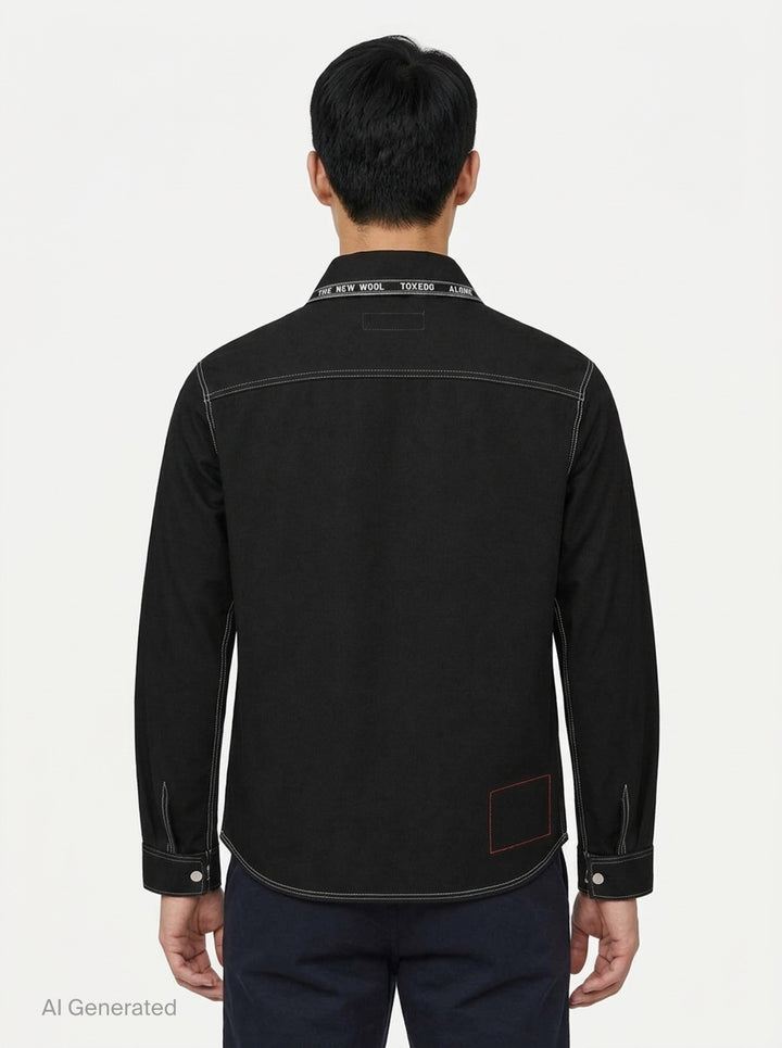 Junya Watanabe x Levi's black long-sleeve shirt with white contrast stitching, embroidered seagull motif across the chest, asymmetric chest pocket with red Levi's tab, and zip-detailed cuffs - back