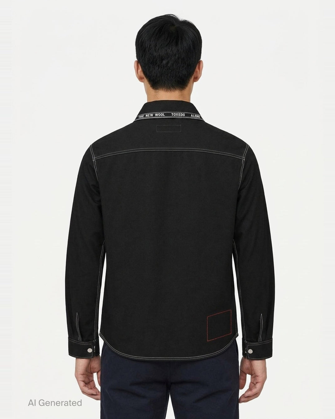 Junya Watanabe x Levi's black long-sleeve shirt with white contrast stitching, embroidered seagull motif across the chest, asymmetric chest pocket with red Levi's tab, and zip-detailed cuffs - back