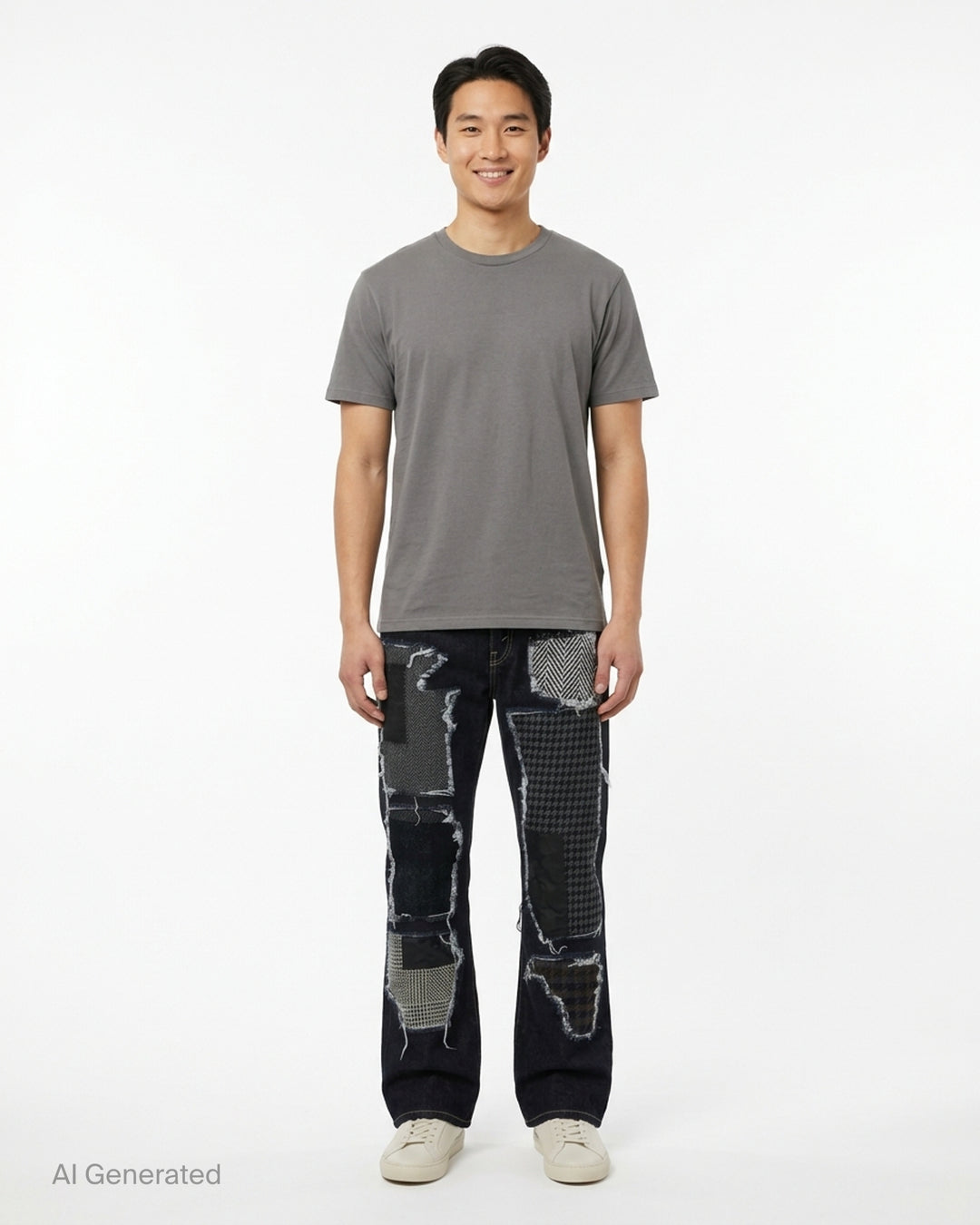 Junya Watanabe dark indigo straight-leg jeans with frayed herringbone, houndstooth and camouflage patchwork panels, front view - front