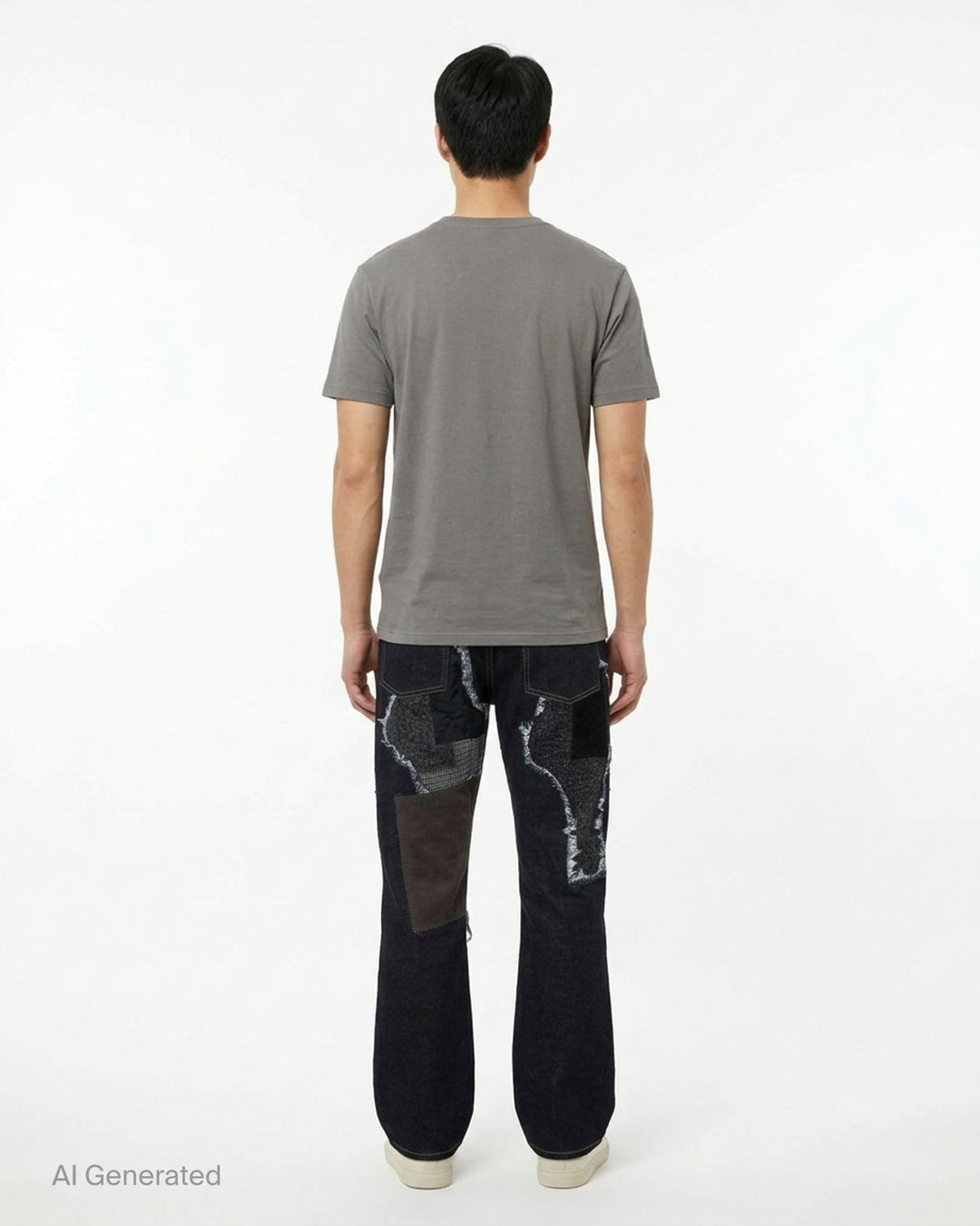 Junya Watanabe dark indigo straight-leg jeans with frayed herringbone, houndstooth and camouflage patchwork panels, front view - back