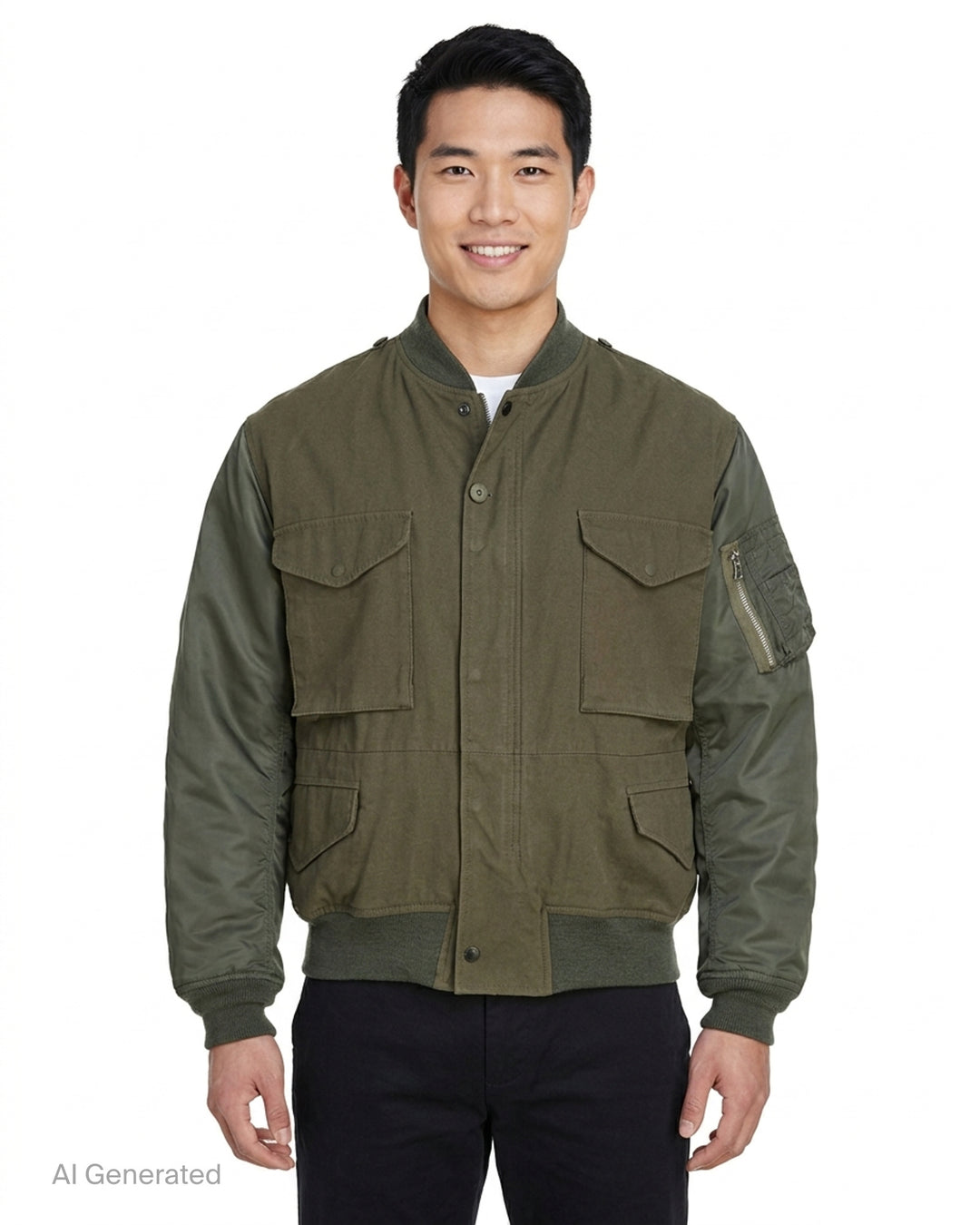 Junya Watanabe olive green nylon twill blouson with four flap pockets, ribbed trims, and a zip pocket on the sleeve - front