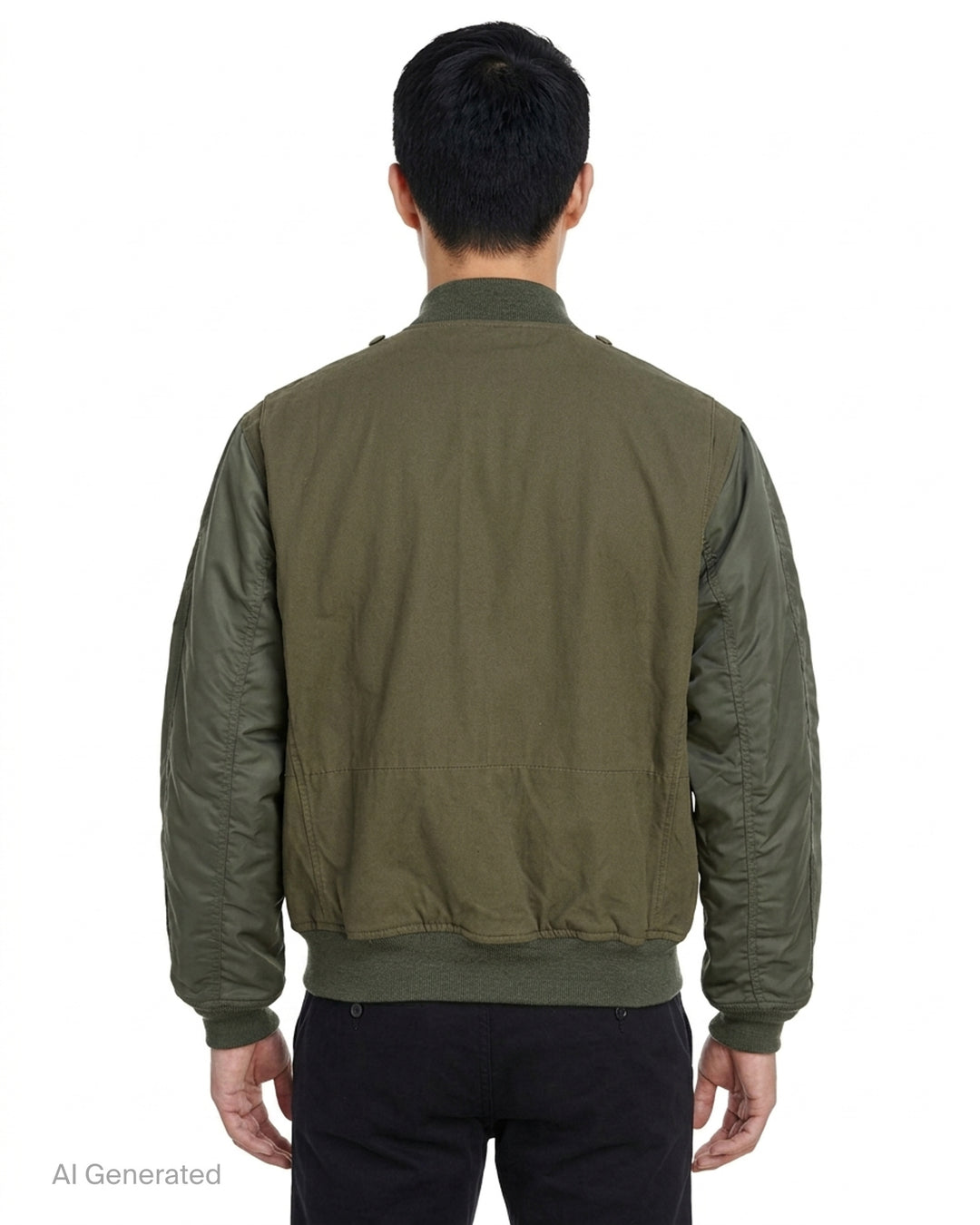 Junya Watanabe olive green nylon twill blouson with four flap pockets, ribbed trims, and a zip pocket on the sleeve - back