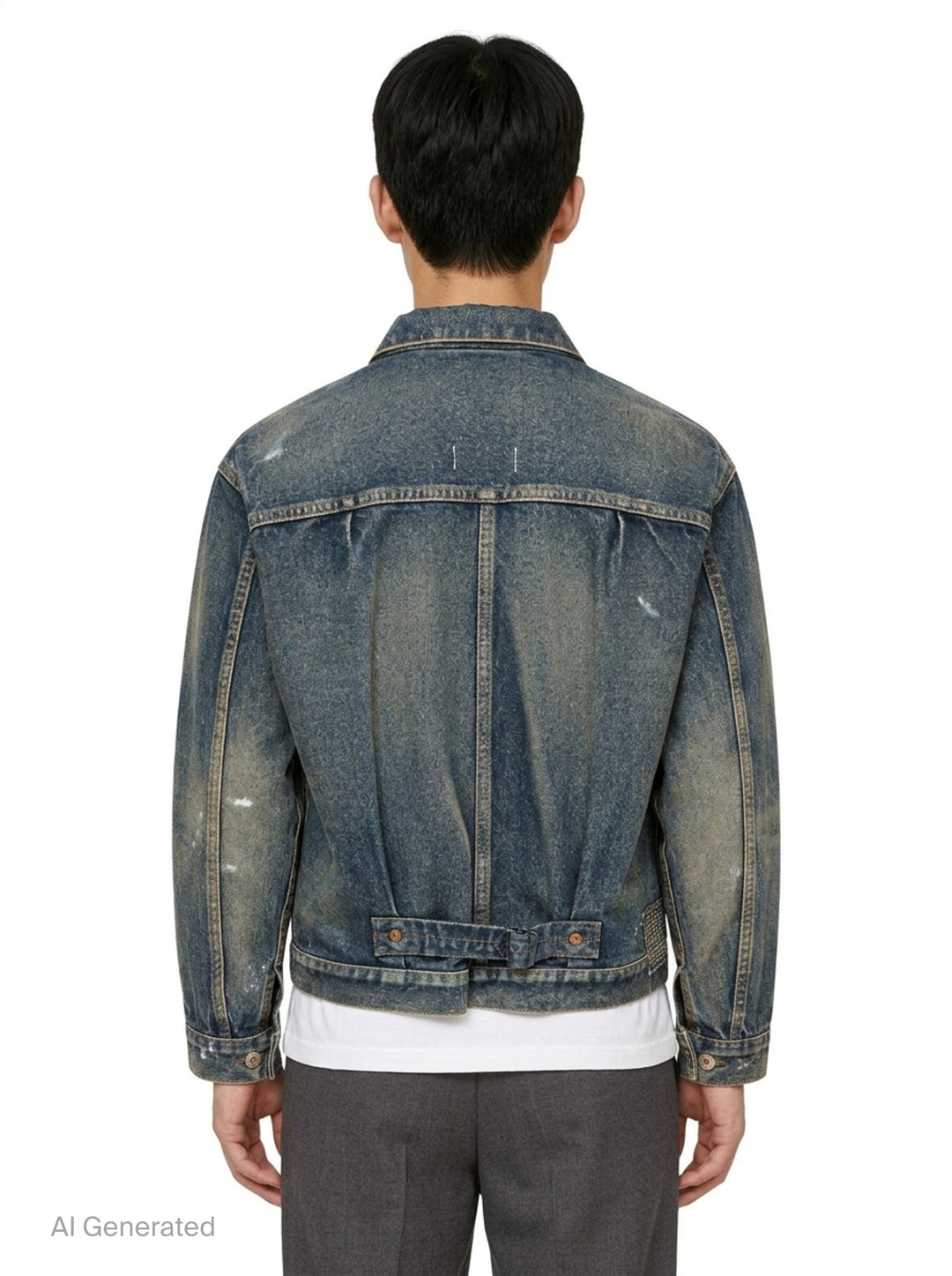 Junya Watanabe patchwork denim jacket in distressed indigo with mixed tweed, houndstooth, tartan plaid, and herringbone fabric appliqués, front view - back