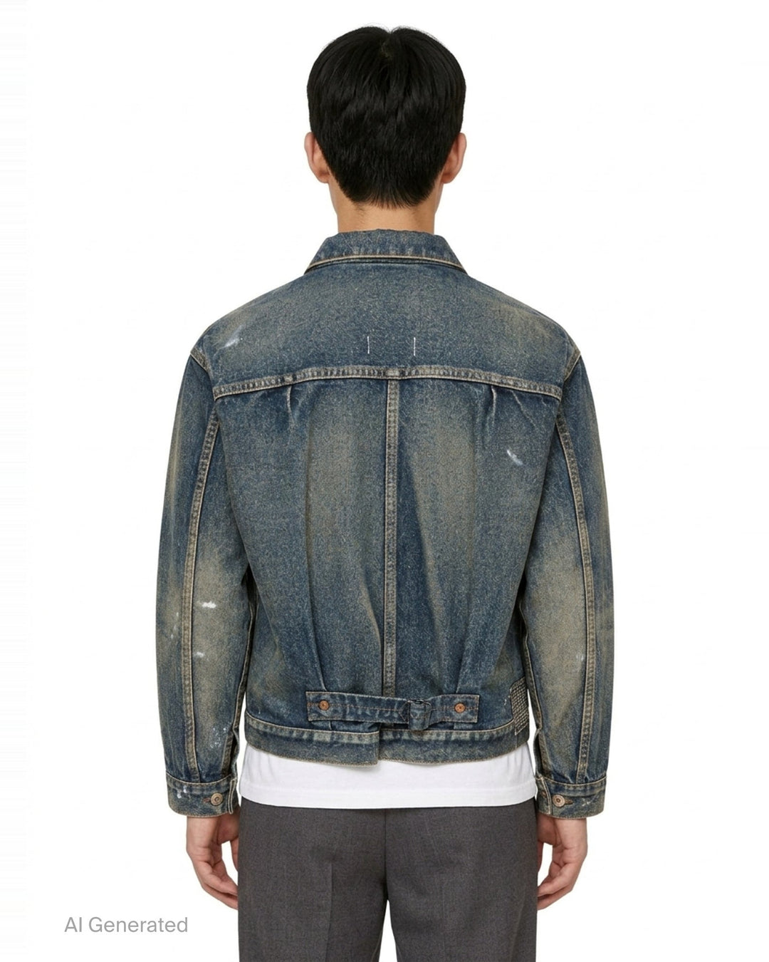 Junya Watanabe patchwork denim jacket in distressed indigo with mixed tweed, houndstooth, tartan plaid, and herringbone fabric appliqués, front view - back