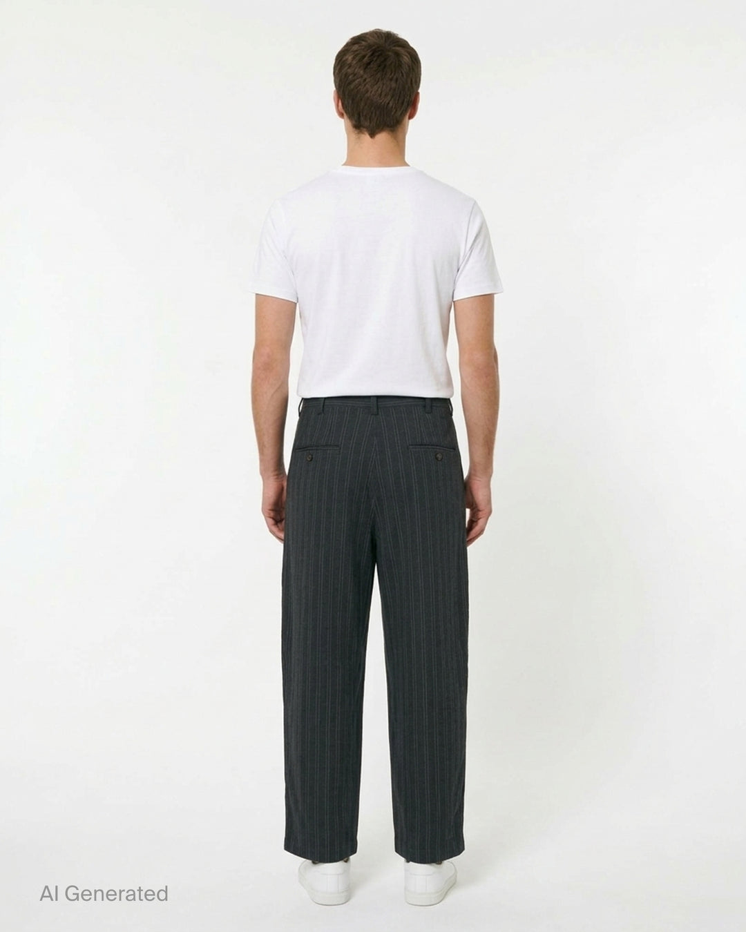 Junya Watanabe charcoal pinstripe wide-leg pants with front pleat and button closure, shown from the front - back