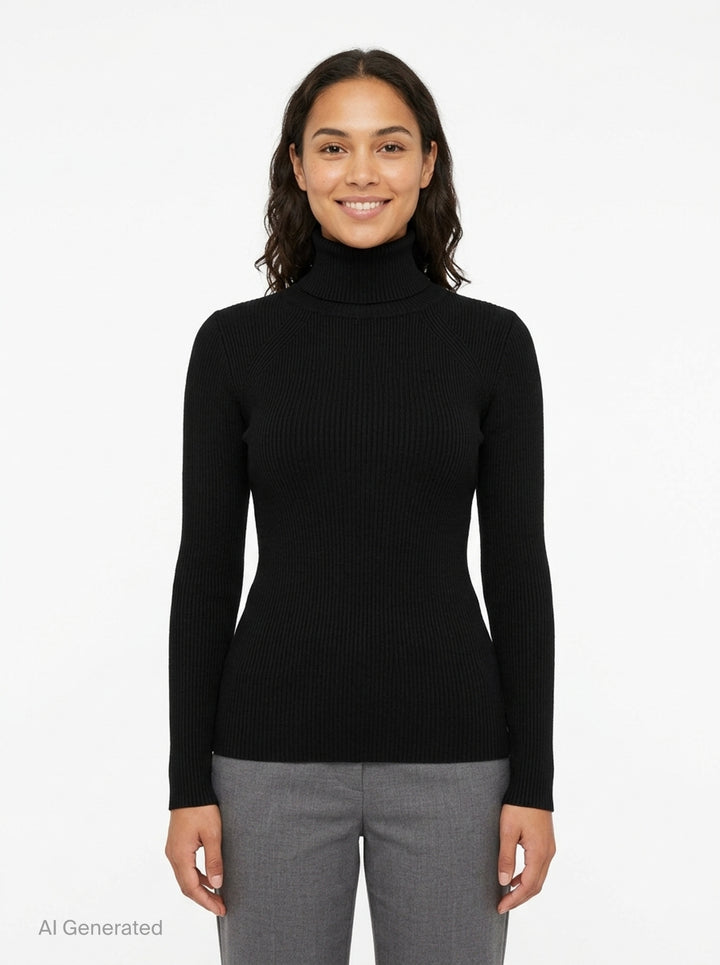 Junya Watanabe black ribbed turtleneck knit top with long raglan sleeves and fitted silhouette, front view - front