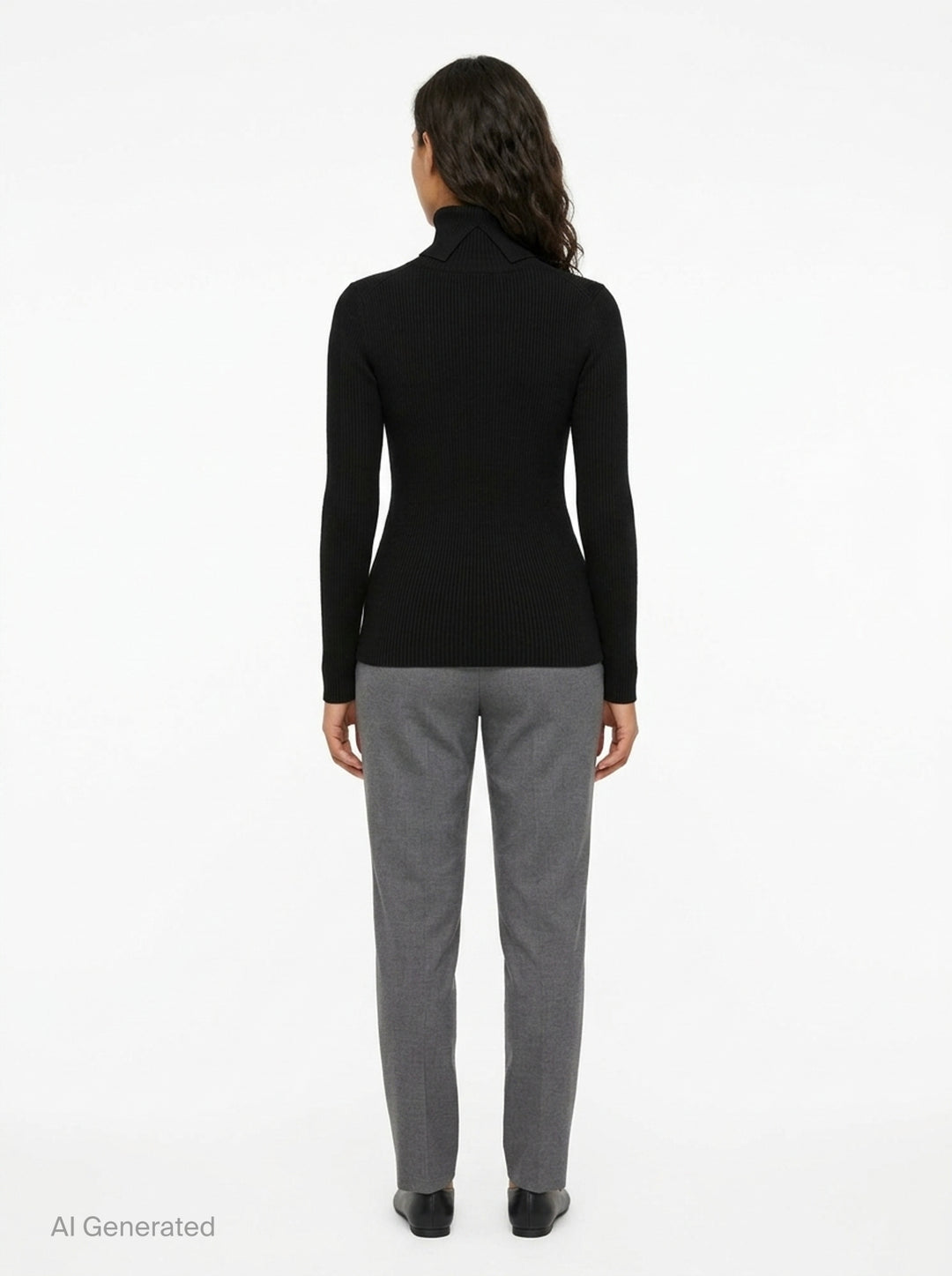 Junya Watanabe black ribbed turtleneck knit top with long raglan sleeves and fitted silhouette, front view - back