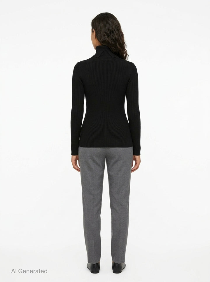 Junya Watanabe black ribbed turtleneck knit top with long raglan sleeves and fitted silhouette, front view - back